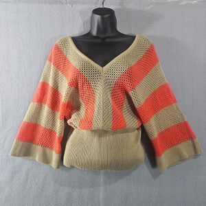 AlyrrOSs V-Neck Chevron Sweater Open Knit Small Orange Tan Lagenlook